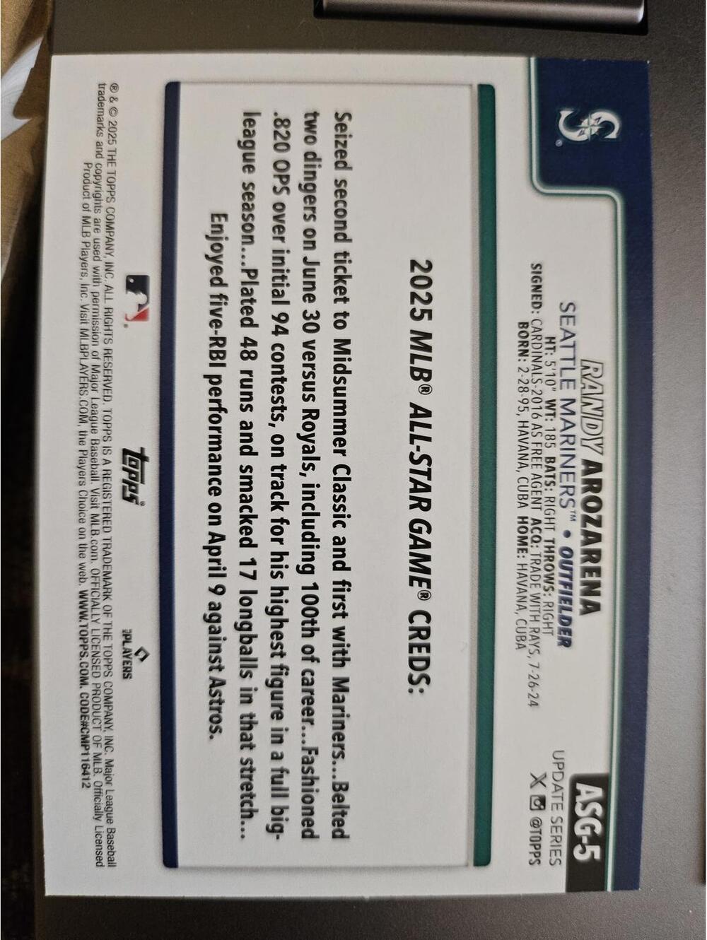 2025 Topps Update- Randy Arozarena- All-Star Game Chrome Insert #ASG-5 -Mariners - Picture 2 of 2